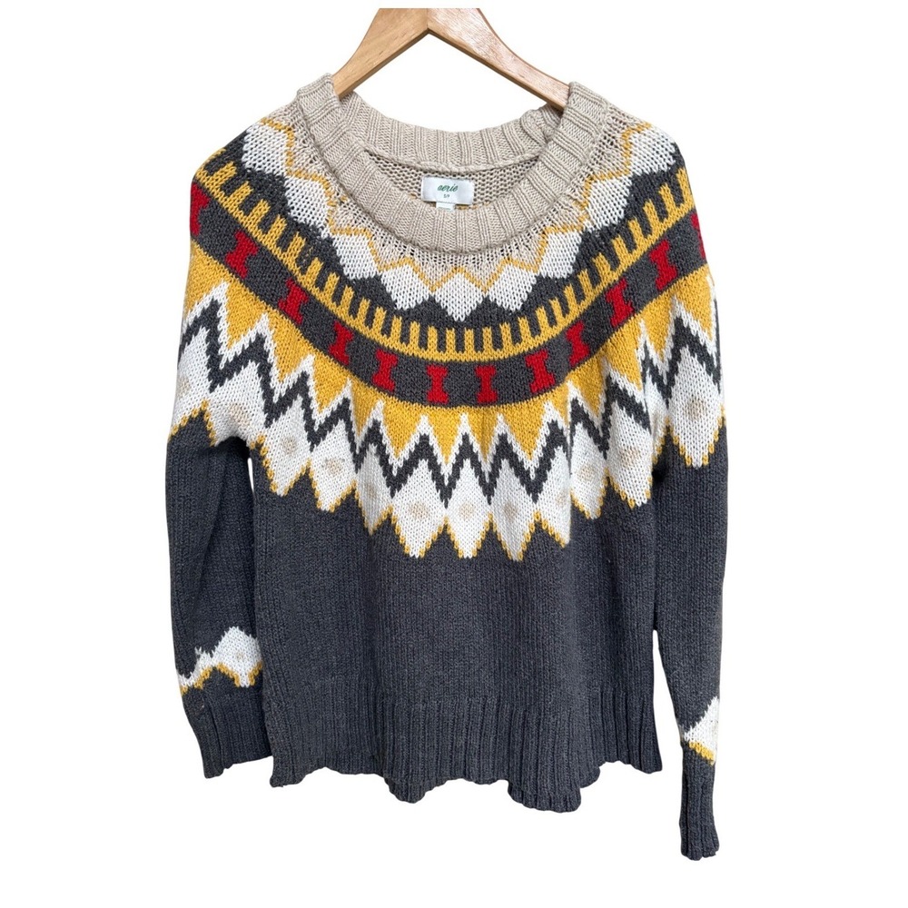 Aerie Women Grey Fair Isle Knit Crewneck Sweater Mustard Yellow Red Size Small S
